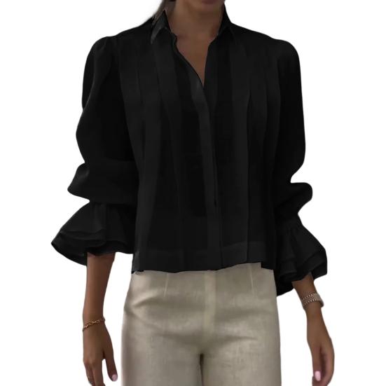 

Women Shirt Lapel Long Sleeve Ruffle Cuffs Shirt Tops Pure Color Loose Fit Button Down Office Lady Summer Tops L чёрный