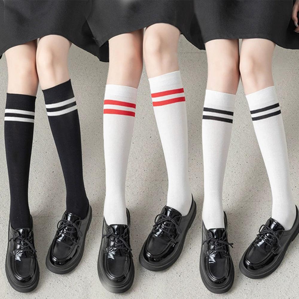 Women Striped Cotton Long Socks Japanese JK Black White Knee High Stockings Students Girls Solid Color Long Tube Leg Warm Socks
