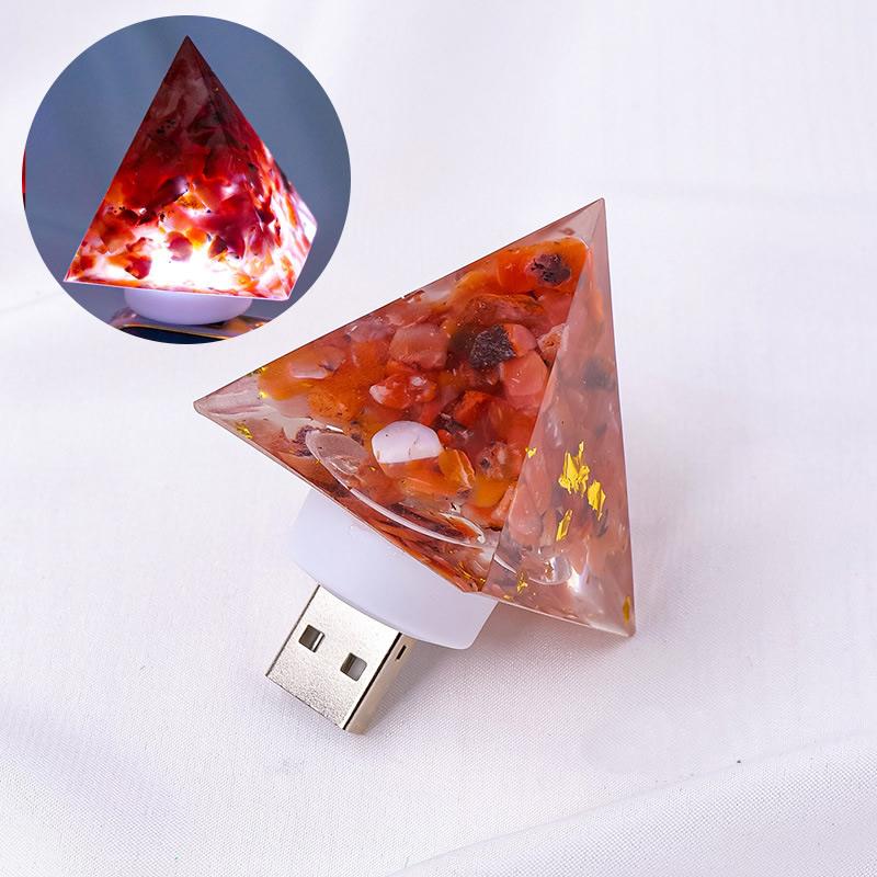 Natural Crystal Stone Pyramid Statue USB Night Light Reiki Orgone Pyramid Lamp Amulet Sculpture for Home Office Decoration