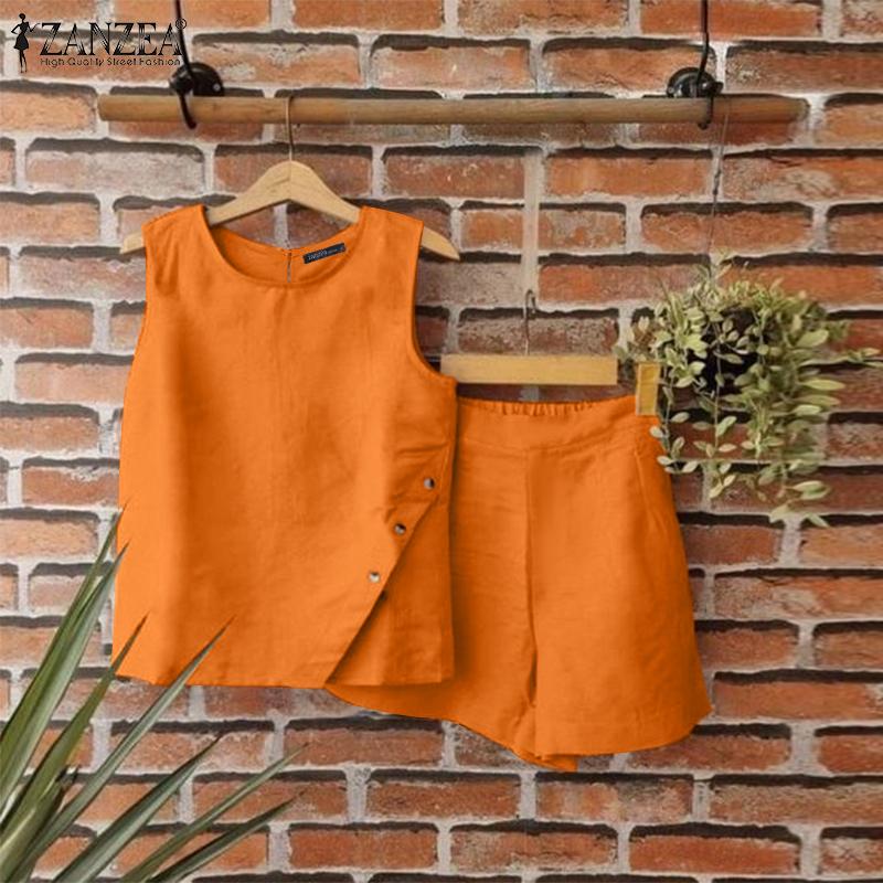 ZANZEA Ensemble deux pièces pour femmes, col rond, sans manches, poches à boutons, couleur unie, hauts et shorts amples, été