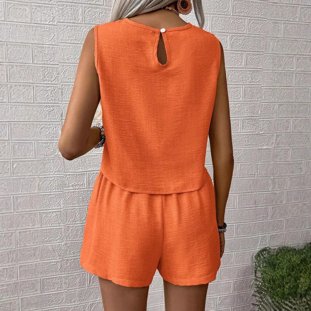 Casual Women Sleeveless Outfit Set With Button Detailing For Spring