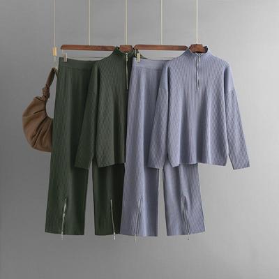 Fall Winter Lazy Wind Loose High Collar Zipper Pullover Sweater Suit Women's Solid Color Long Sleeve Knit Wide Leg Pants Two Piece Set