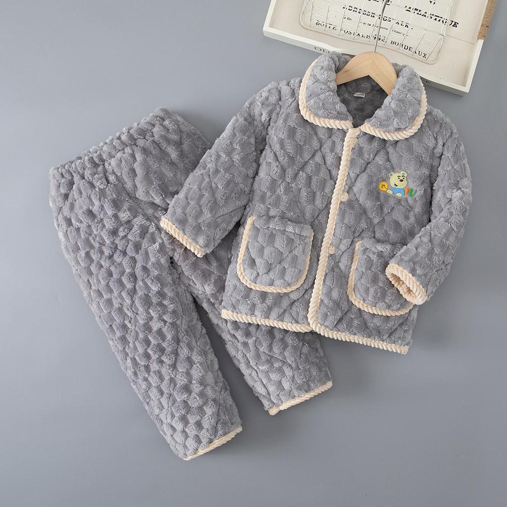 Children's Winter Flannel Pajamas: Thick Coral Fleece, Three-Layer Quilted, Parent-Child Matching Set