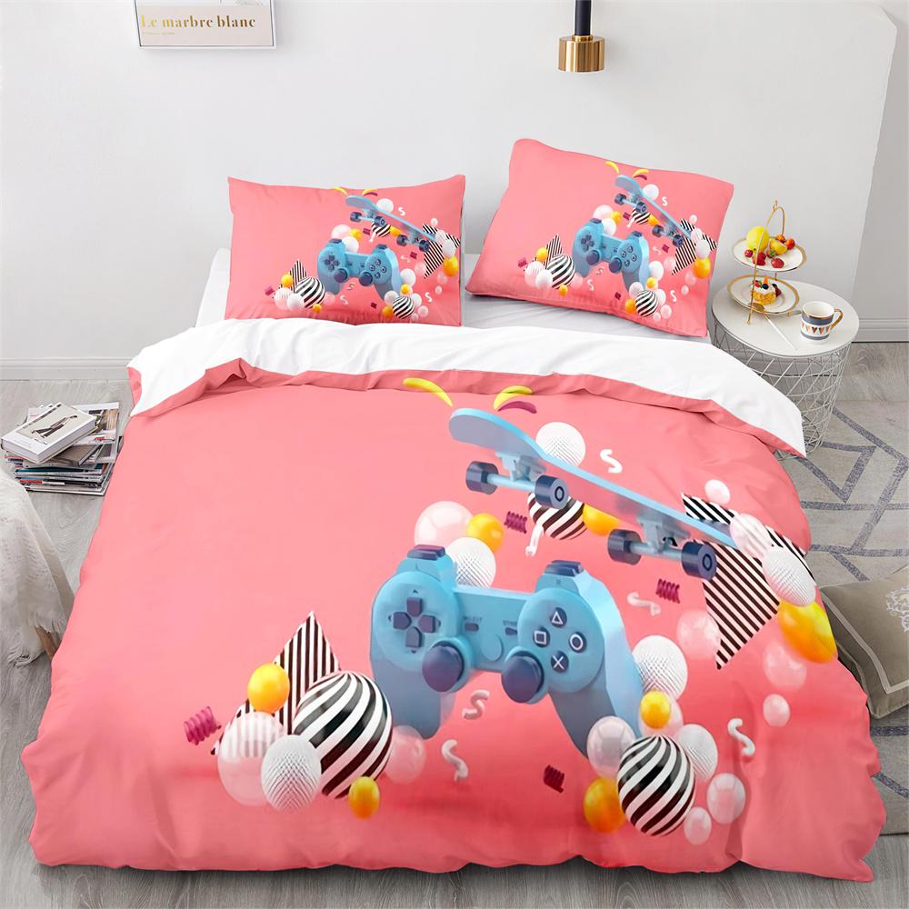 3pcs Bedding Set Purple Red Pink Blue GamePad Print Cozy Soft Duvet Cover King Queen Twin Size Birthday Gift Boys Bedroom Decor
