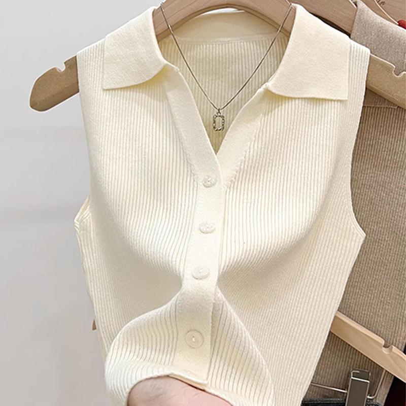 

Корейська однобортна трикотажна жіноча безрукавка без рукавів, суцільний колір, тонка майка абрикосовий