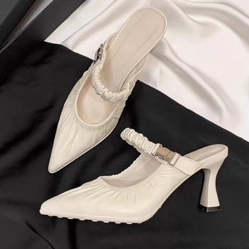 

Fashion 2025 Real Leather Women s Covered Toe Slippers Fashionable Pleated Stretch Band High Heels Women s Party Dress Shoes Sandals 35 бежевый