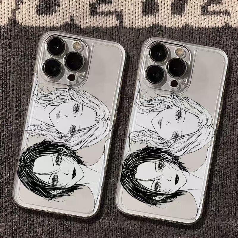 Manga Style Girls Line Art Pattern Phone Case for iPhone 17 16 15 14 13 12 11 16E Series Pro Max Plus Double Layer Protection