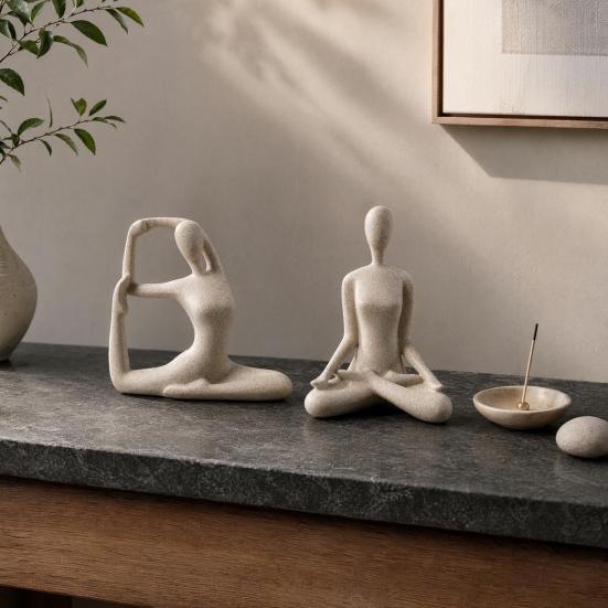 Scultura Zen Yoga, Statuetta Meditazione in Resina con Texture di Arenaria, Decorazione Astratta Posa Yoga per Soggiorno e Libreria, Regalo Accessori per la Casa