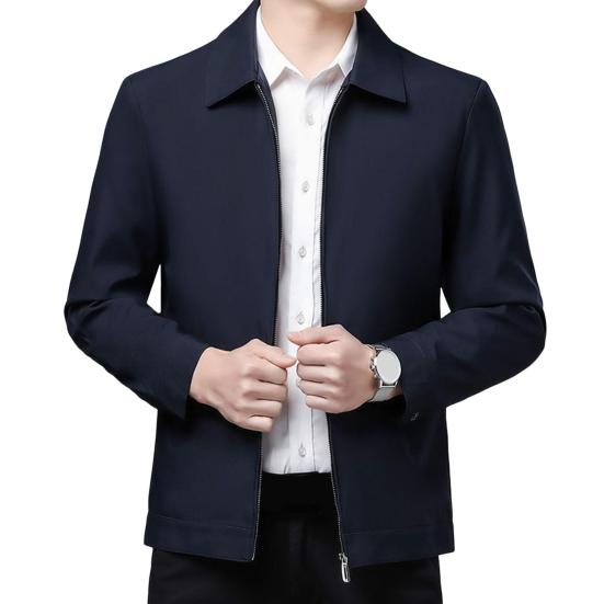 Men Jacket Lapel Long Sleeve Zipper Placket Middle-aged Coat with Side Pockets Solid Color Casual Jacket Outwear