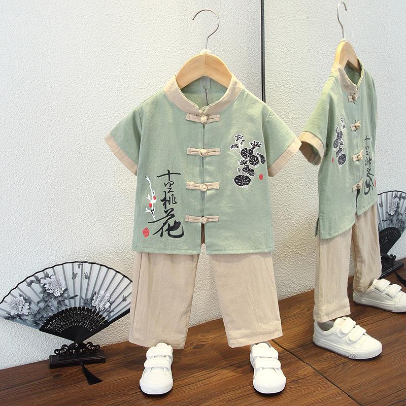 Completo Estivo da Ragazzo a Maniche Corte Stile Cinese per Bambini Hanbok Bello Completo Tang Cotone Lino Sezione Sottile di Abbigliamento Antico