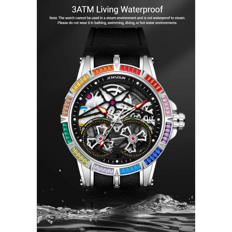 Men Luxury Rainbow Zircon Bezel Skeleton Quartz Watch Luminous Hands Waterproof Silicone Strap Hip Hop Sport Wristwatch Male Gift Clock