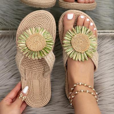 Mode Damen Hausschuhe Modetrend Sonnenblume Rutschfeste Hausschuhe Tragen Weiche Sohle Flache Schuhe Zehentrenner Leichte Sandalen Pantoletten Damen