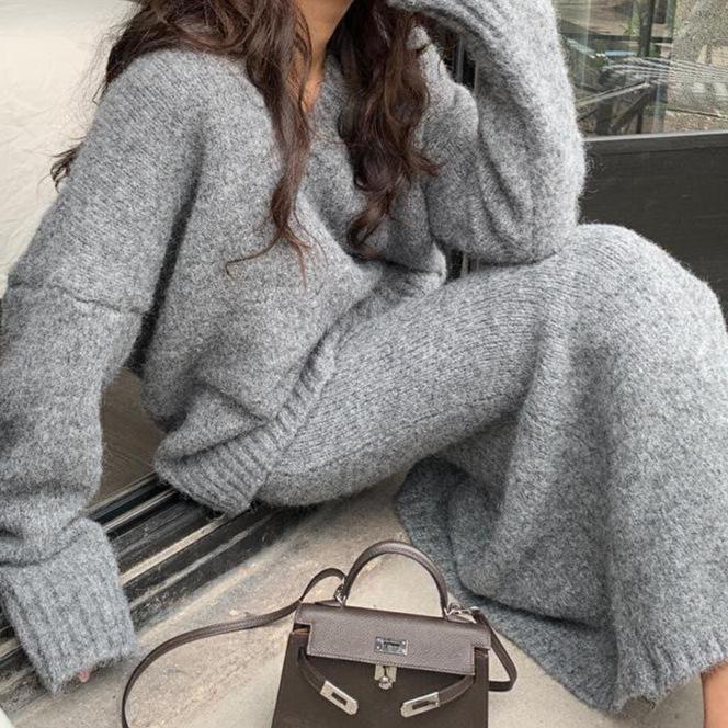 

Женский комплект из двух частей, юбка, мягкий свитер, повседневный женский трикотажный свитер с V-образным вырезом, юбка с высокой талией, модная зимняя теплая одежда XXL серый