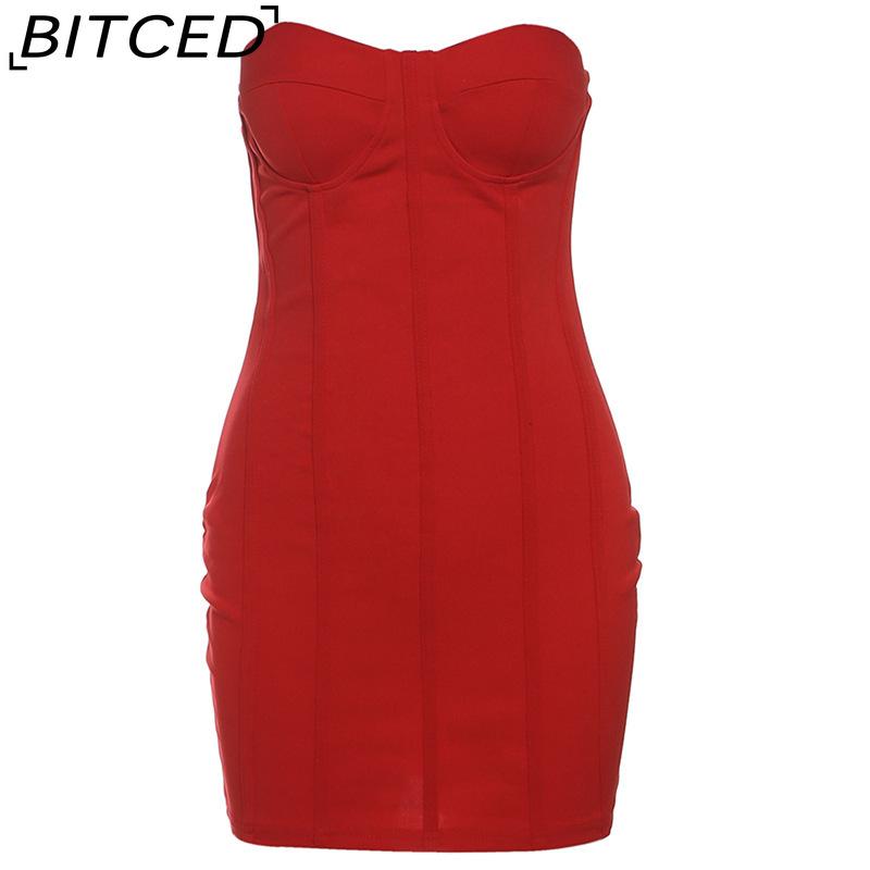 

BITCED Autumn Women s Solid-Colour Slim-Fit Streetwear Off-the-Shoulder Strapless Dress L красный