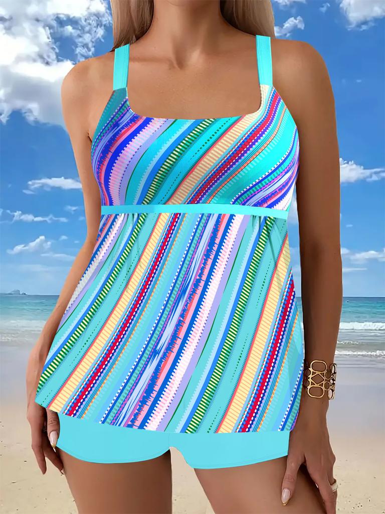 New large size split flat angle print two-piece women's swimsuit