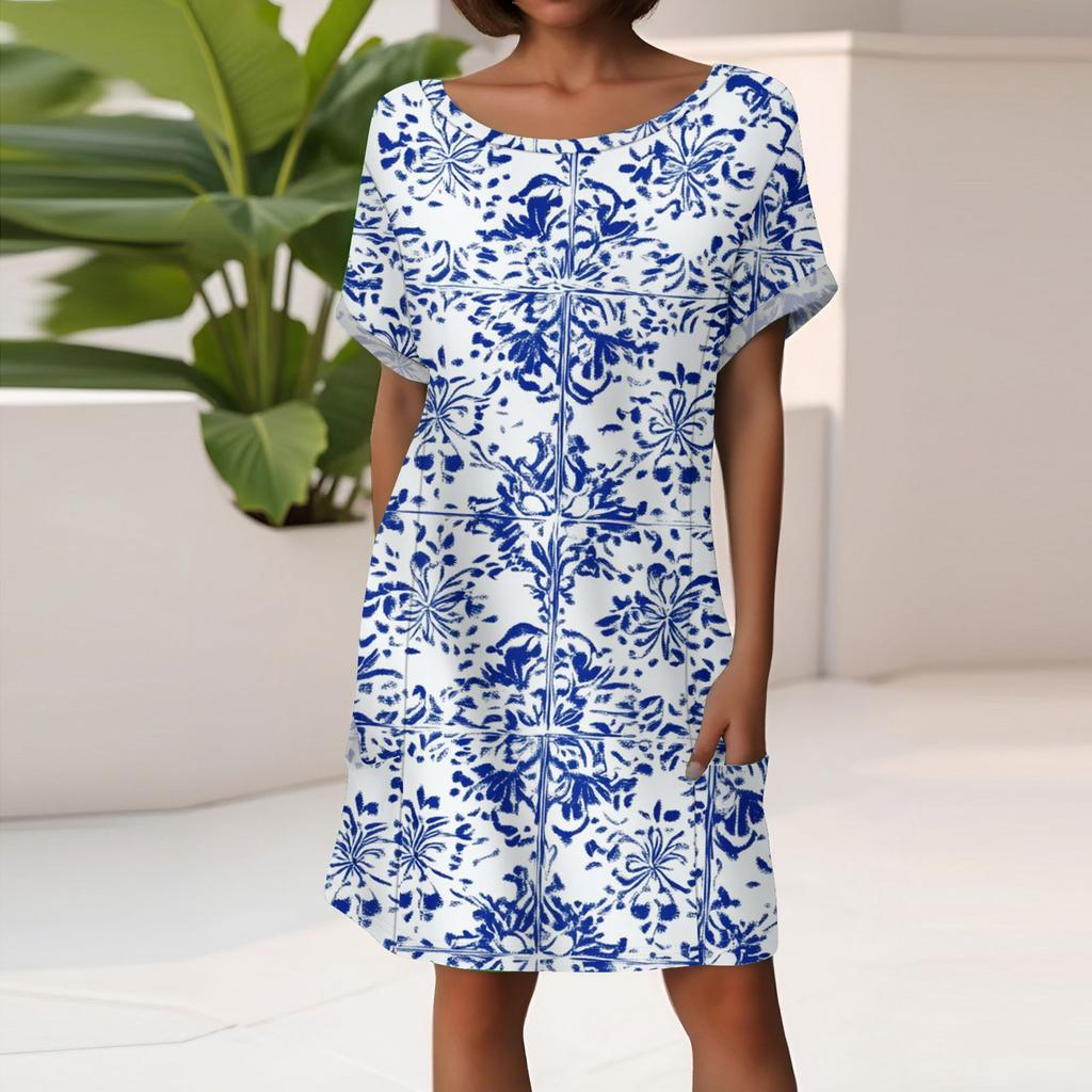 Damenmode Kurzarmkleid mit Taschen Blumendruck Lässiges Strandkleid