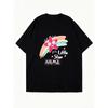 Oversized T-Shirt Black Little Star Rainbow Flower Print And Text Casual Wear For Women