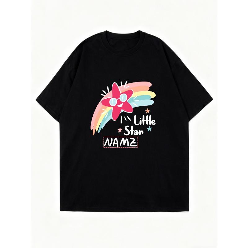 Oversized T-Shirt Black Little Star Rainbow Flower Print And Text Casual Wear For Women