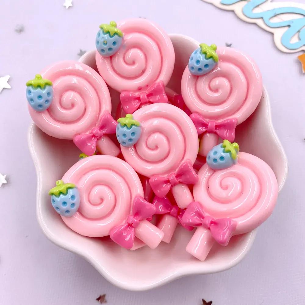Painted Colorful Resin Strawberry lollipop Lollipop Flatback Cabochon Stone Figurines 10pcs DIY Bow Accessories Scrapbook Crafts