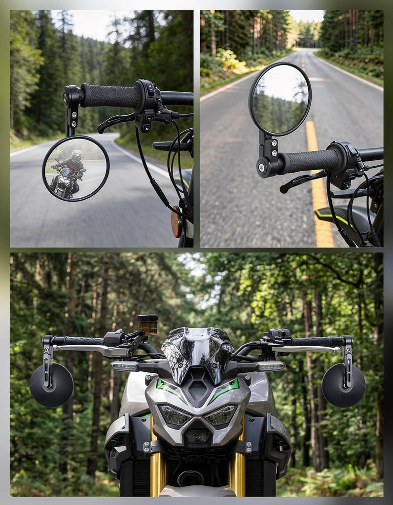 KEMIMOTO Motorcycle Bar End Mirrors, Road Legal, Round, Left and Right Set, Universal, Lightweight, Adjustable Angle, Black, Fits Honda, Kawasaki, Suz