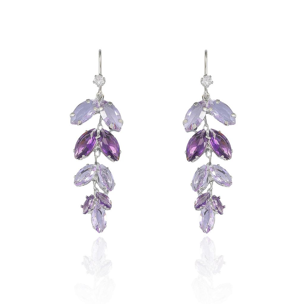 Vintage Purple Zircon Flower Leaf Tassel Necklace Earrings for Women Wedding Party Accessories Jewelry Sets with Box