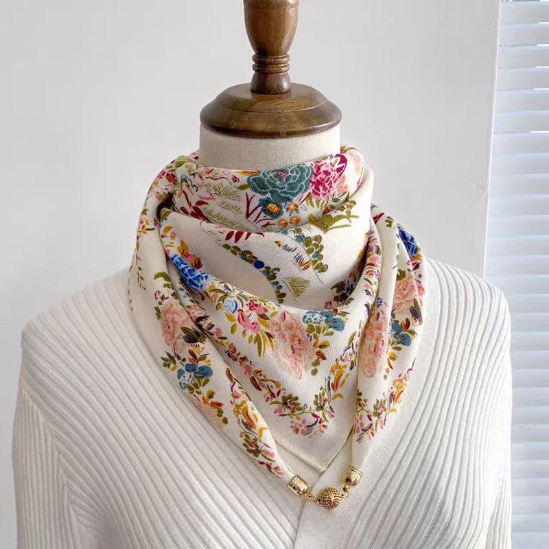 Women's 65" Silk Square Scarf with Magnetic Buckle – Autumn/Winter Print, Fashionable & Versatile Triangle Snood