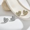 European Retro Checkerboard Heart Stud Earrings: Black & White Enamel Resin for Women