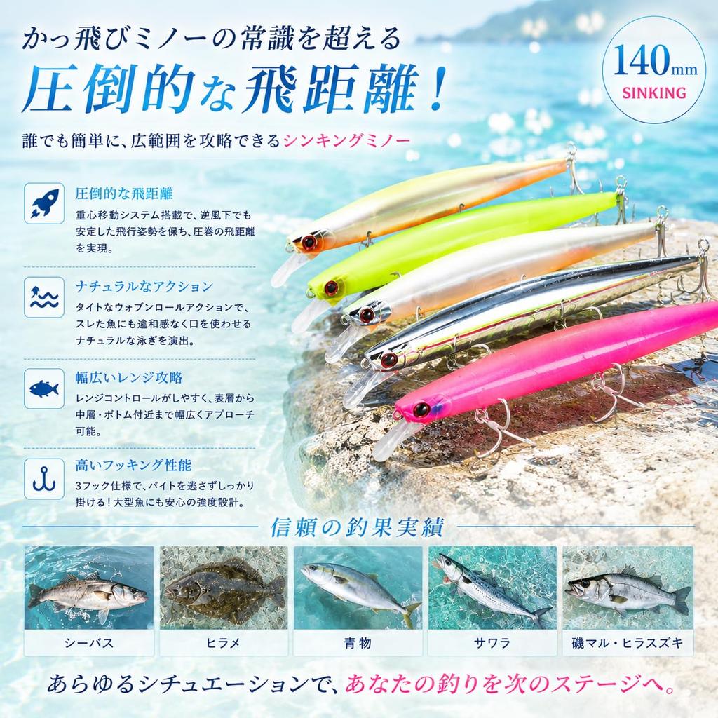 [KOKO Lure] Seabass Lure Minnow 140S 23g Sinking Minnow Seabass