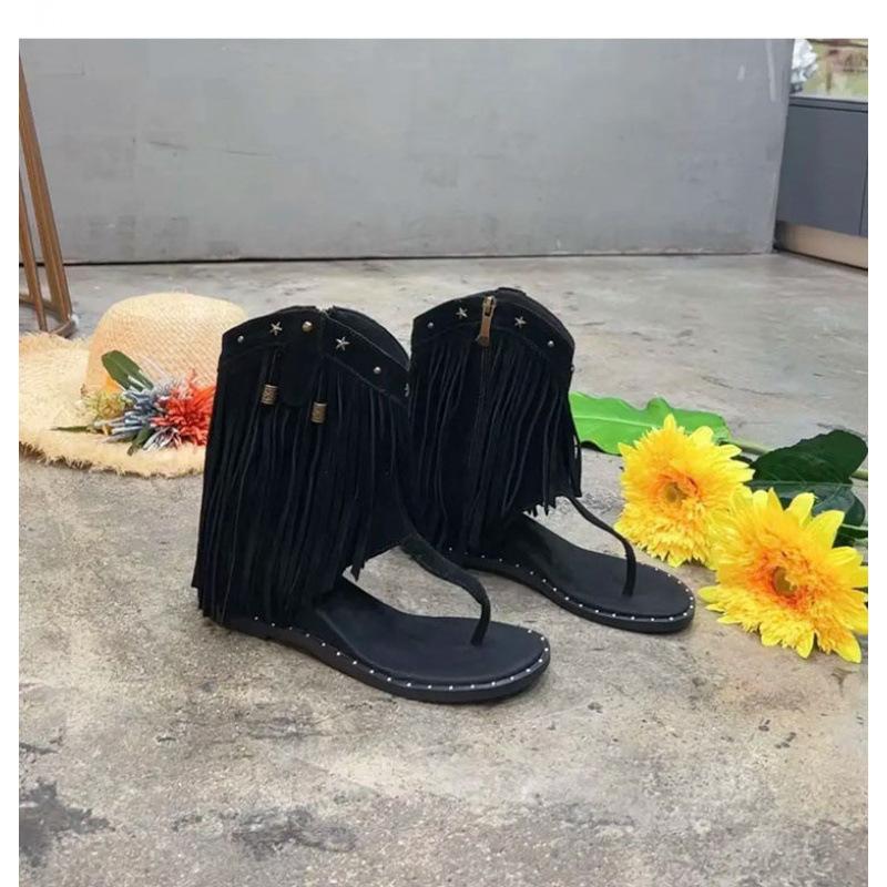 

Крепления «елочка», заклепки, бахрома, новые босоножки с открытым носком и боковой молнией, внутренняя платформа, крутые ботинки для женщин 35 чёрный