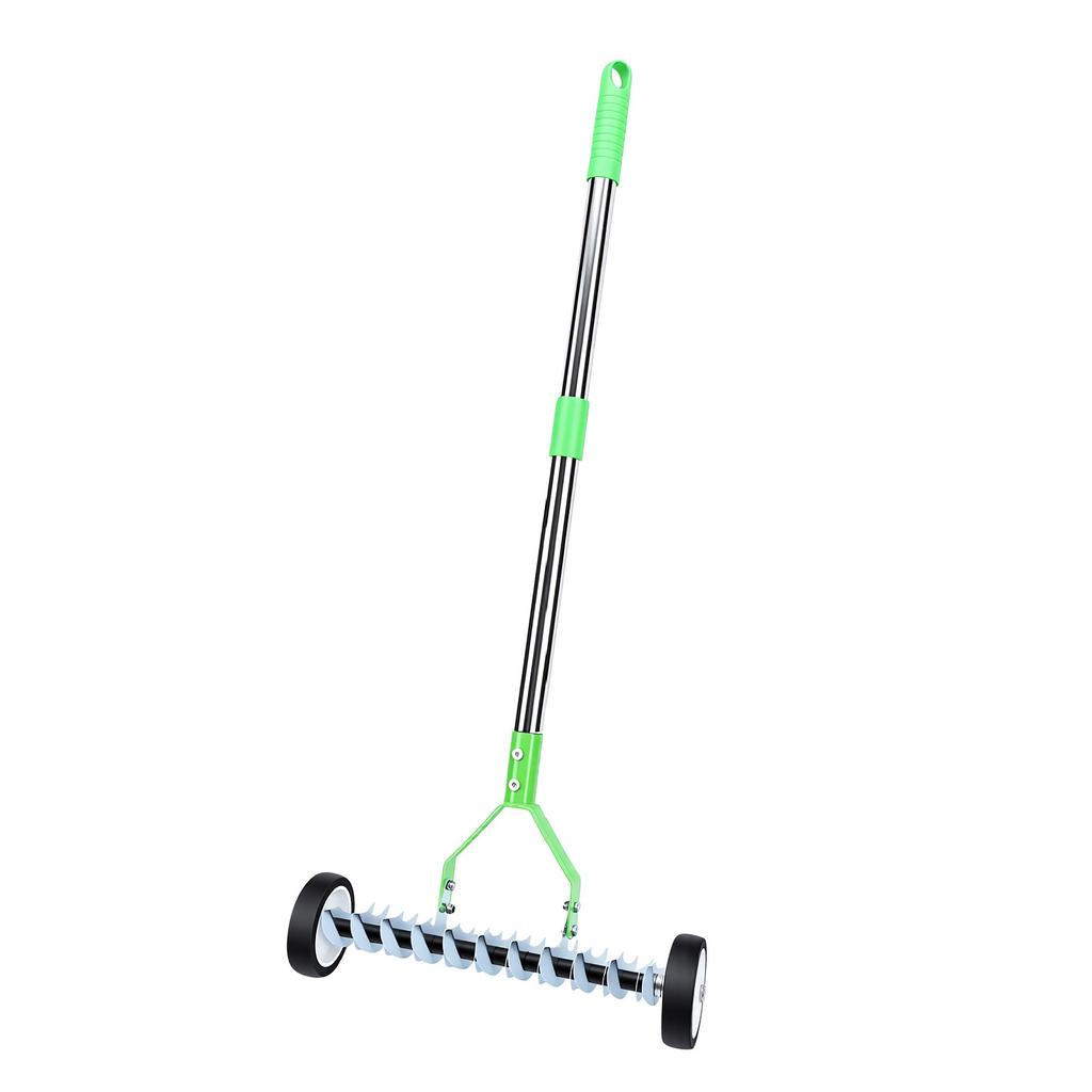 Carbon Steel Wheeled Dethatching Rake Manual Lawn Dethatcher for Dead Grass Removal and Soil Loosening Green