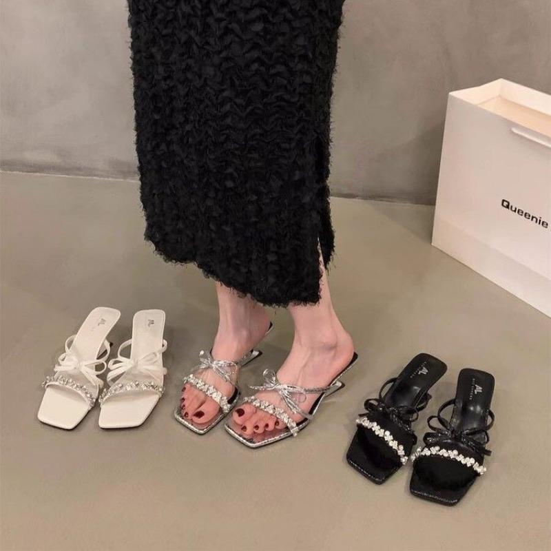Fashion Crystal Bow Women Slippers Shoes Sandals Summer Mid Heels Designer Outdoor Flip Flops 2024 Slingback Zapatos Mujer Slides Pumps