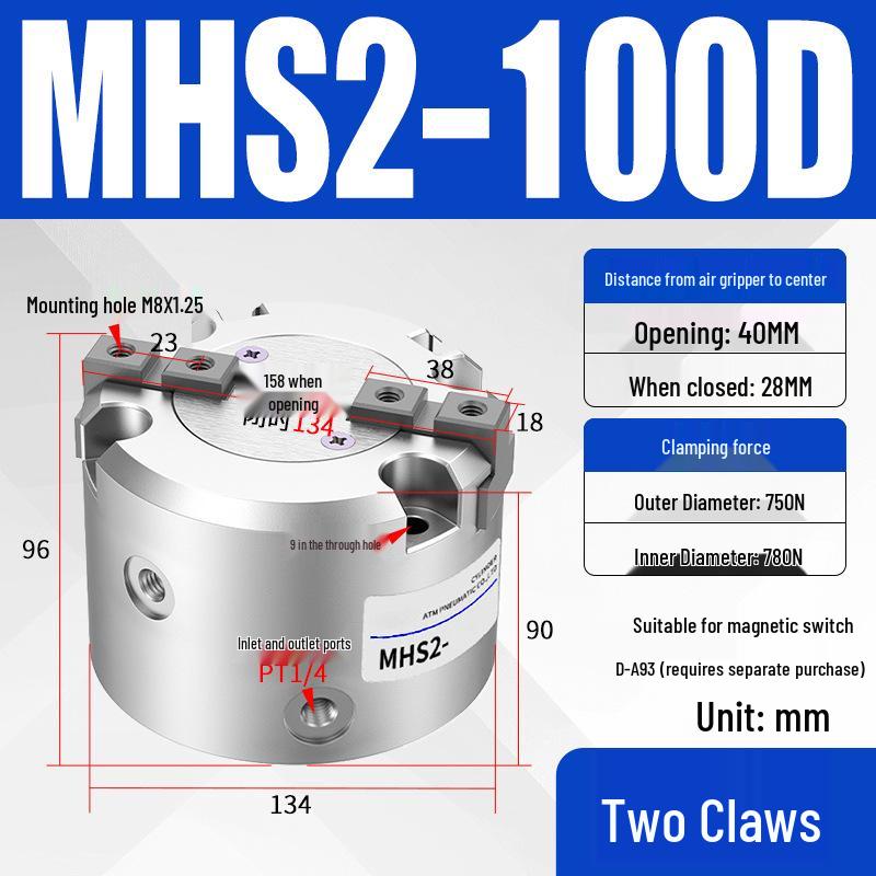 Pneumatic Gripper with Dual, Triple, and Quad Jaw Options: MHS2/3/4-16D/25D/40D/50/63D Clamping Cylinder