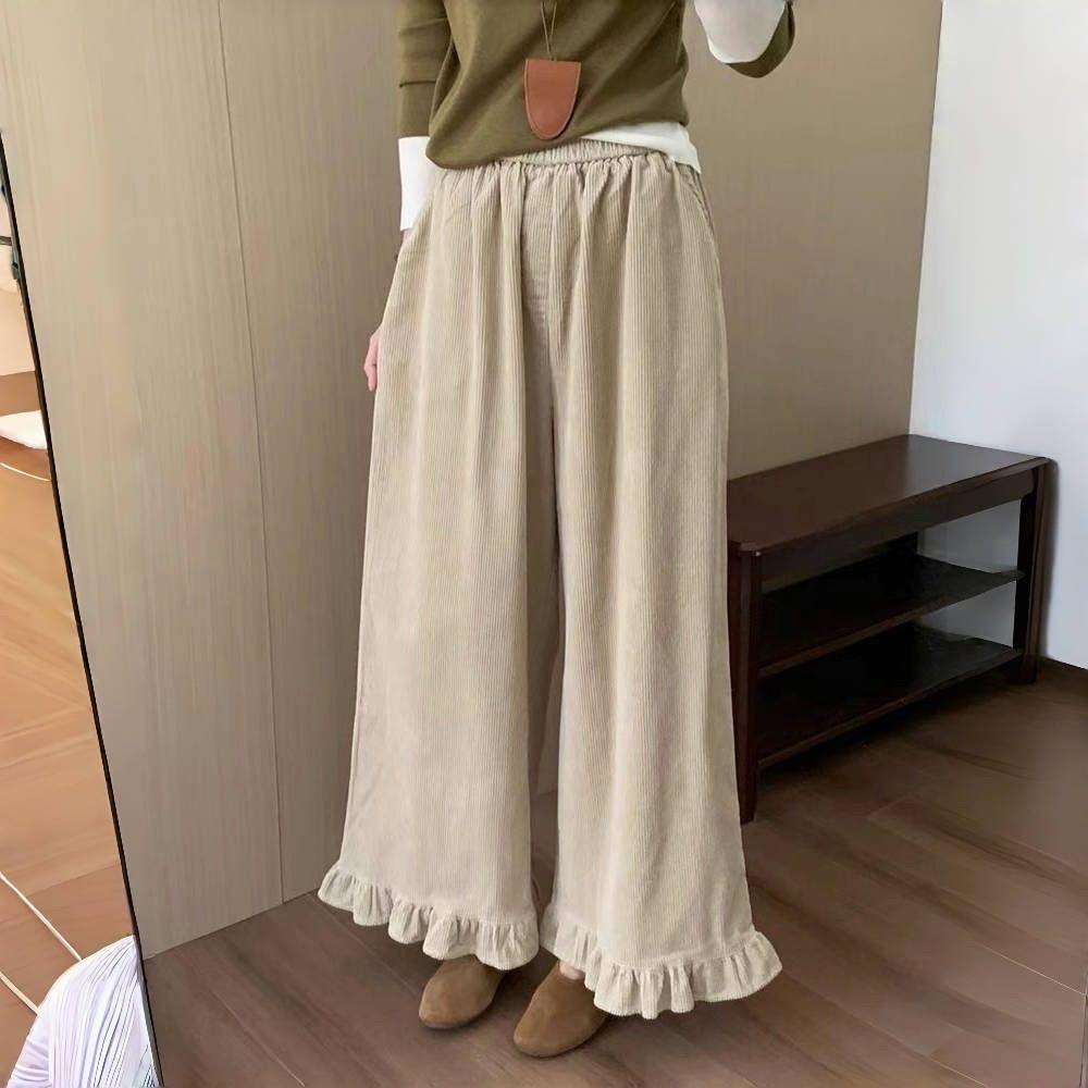 Japanese Retro Lace Trim Wide-Leg Pants for Women - High-Waisted Ankle-Length Versatile Casual Trousers for Spring