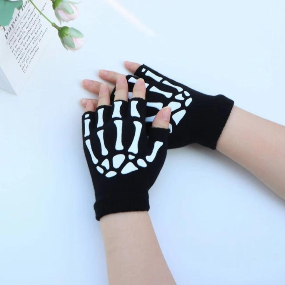 Black Halloween Skeleton Gloves Knitted Skull Half Finger Gloves Punk Skeleton Gloves  Moto Riding