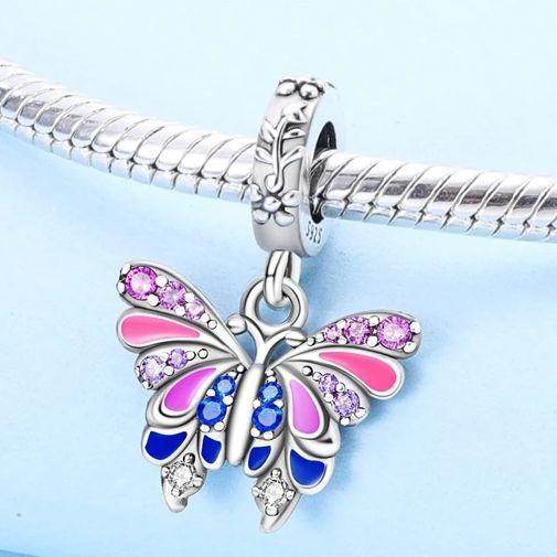 Authentic Original Copper Metal Charm Bead Component Zircon Pink Butterfly Pendant Bead Component Compatible With Bracelet High Quality Fine Jewelry