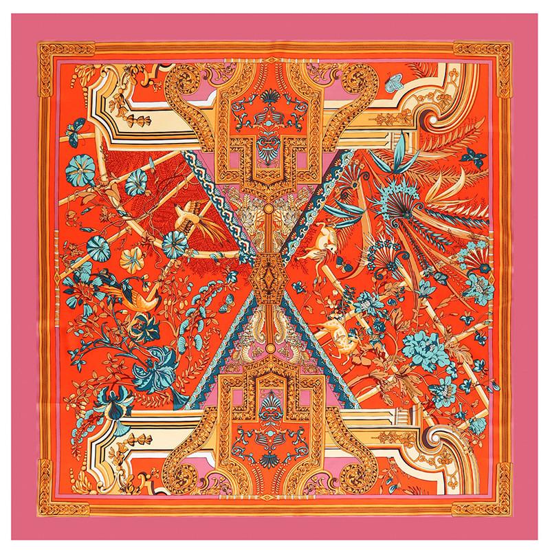 POBING Silk Scarf Women Large Shawls Back Garden Print Stoles Square Bandana Luxury Kerchief Hijab Female Foulards 130CM