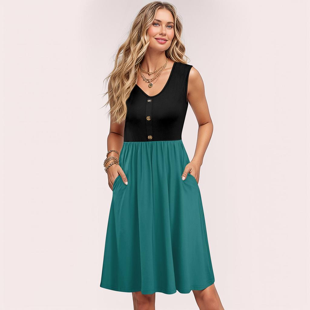 Women Summer Dresses Sleeveless Casual Loose Swing Button Down Midi Sundress With Pockets