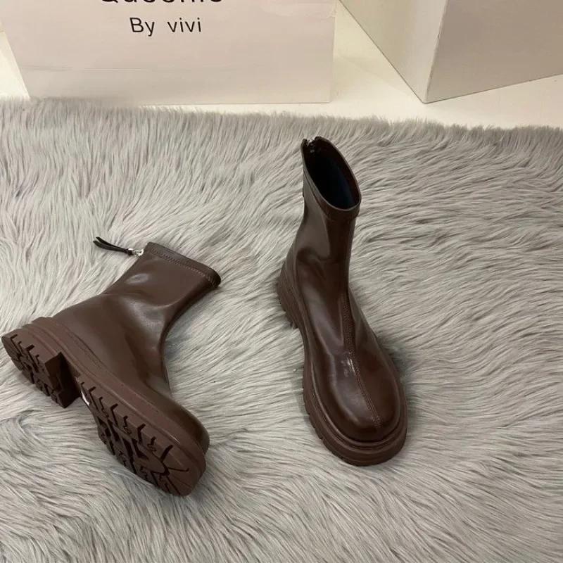 Fashion 2024 Hot Sale Ladies Shoes Zipper Women's Boots Spring Autumn Round Toe Solid Short Barrel Platform Chunky Heels Fashion Boots