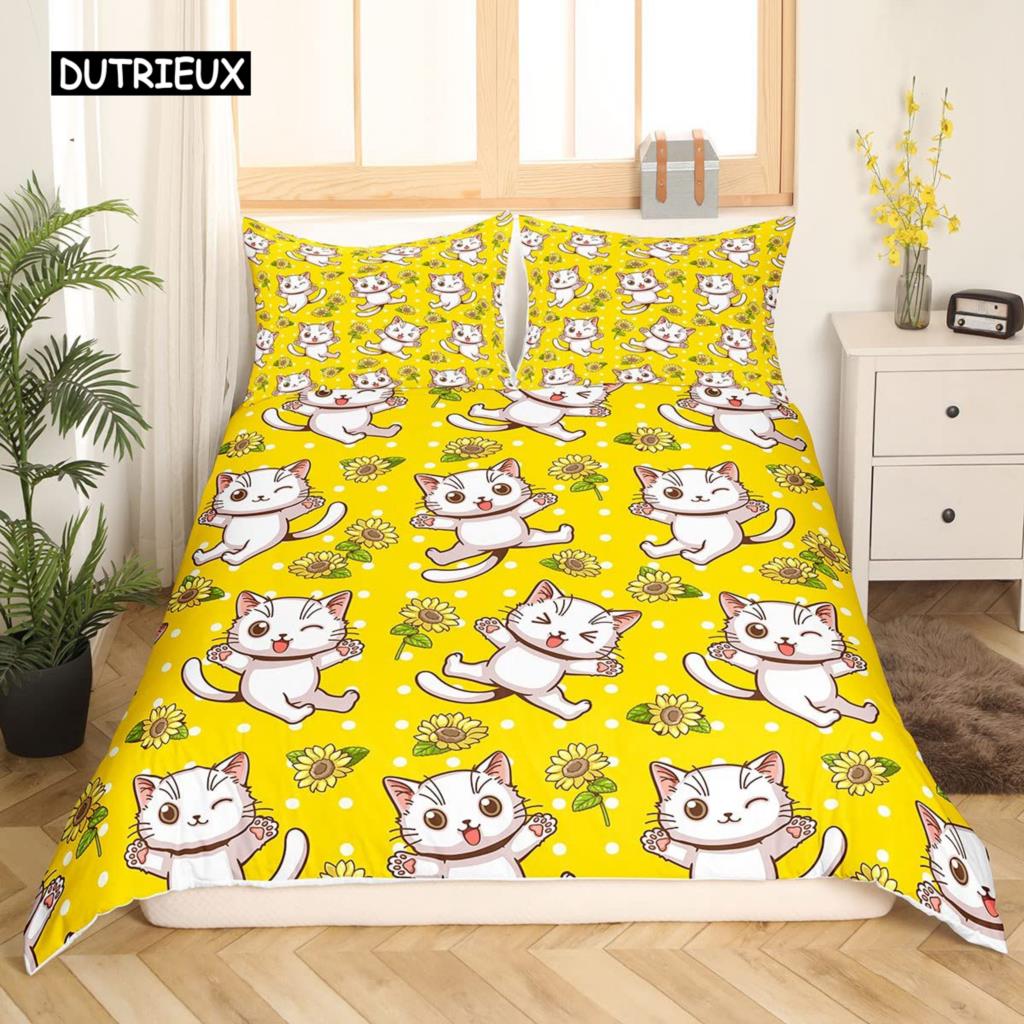 Zestaw poszewek na kołdrę z kotem Uroczy kreskówkowy zestaw pościeli dla chłopców i dziewcząt Wzór zwierzęcy Kot Królowa King Rozmiar Poliester Poszewka na kołdrę