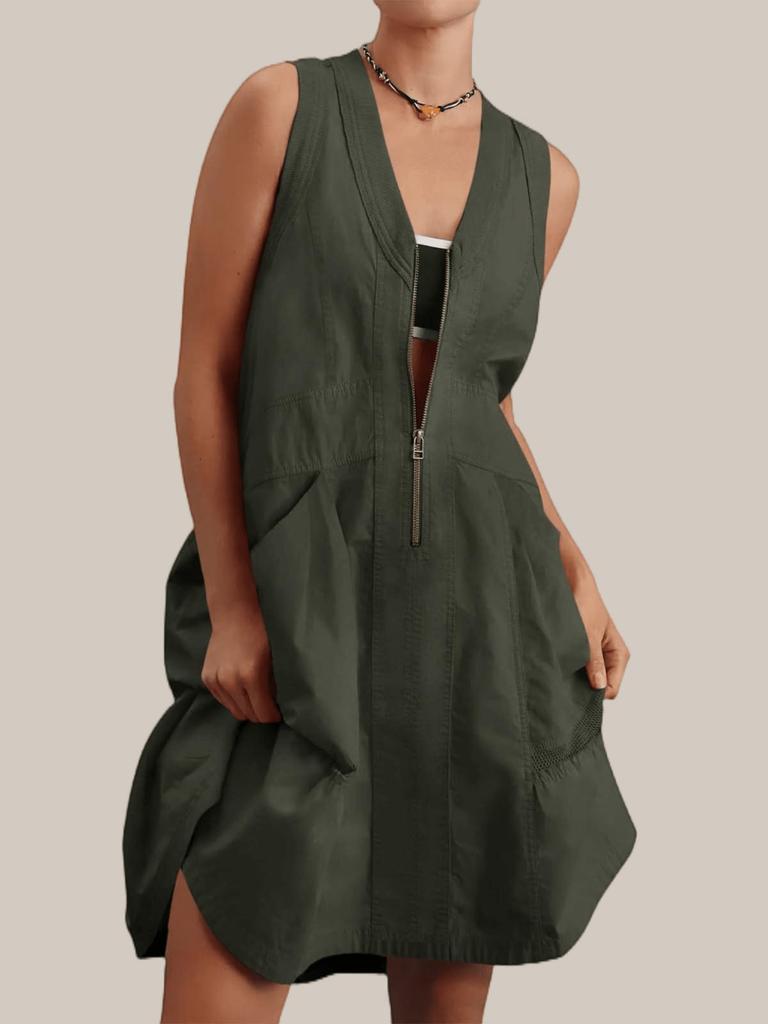 Womens Sleeveless Half Zip Tank Mini Dress Loose Fit Utility Pocket Dress