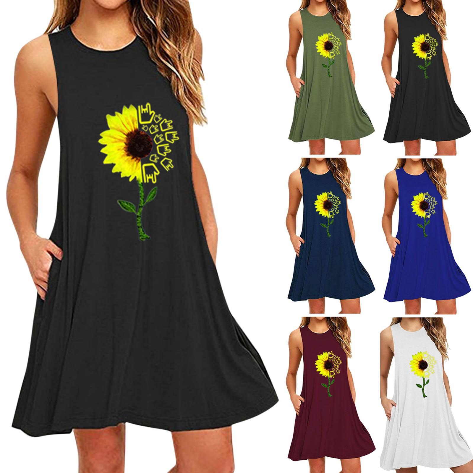 

Женское летнее повседневное модное платье без рукавов с принтом и карманами с круглым вырезом 2022