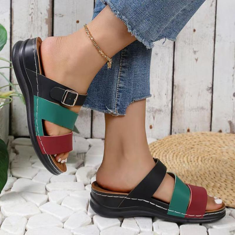 Color Matching Slope Heel Thick Bottom Cool Slippers Women's Summer New Open-toed Large Size One-word Beach Slippers
