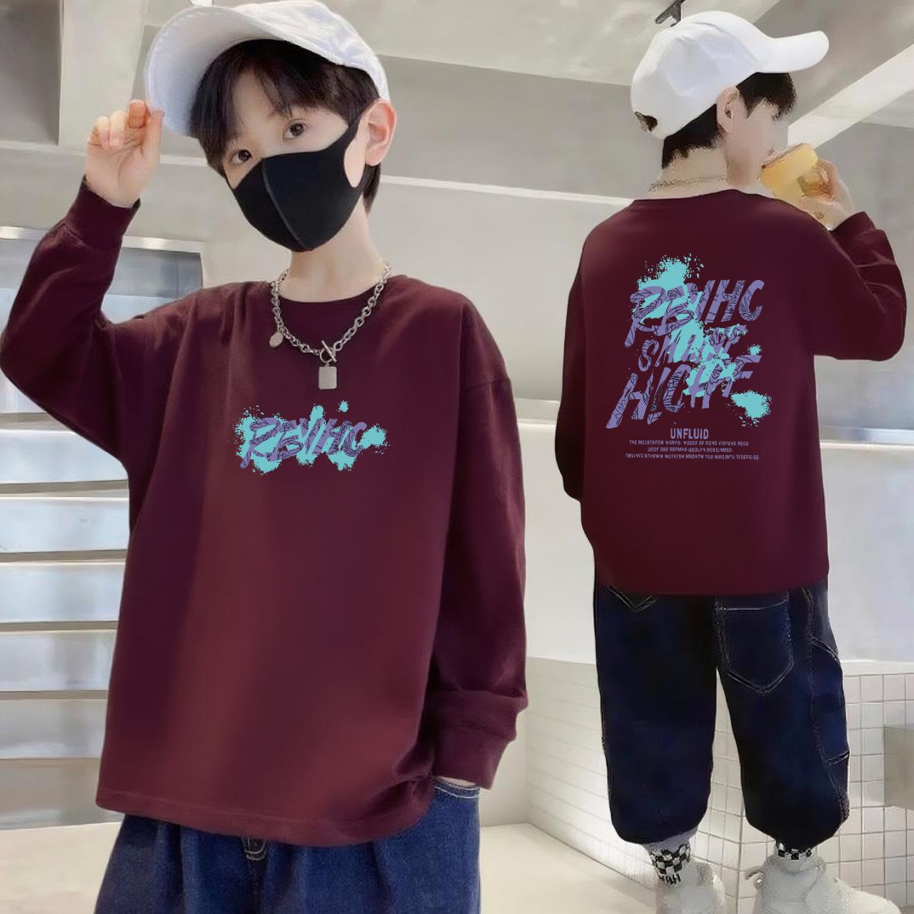 

100% Pure Cotton Boys Long-Sleeve Autumn Sport T-Shirt, Loose Round Neck Youth Casual Base Shirt 120cm (40-50kg)