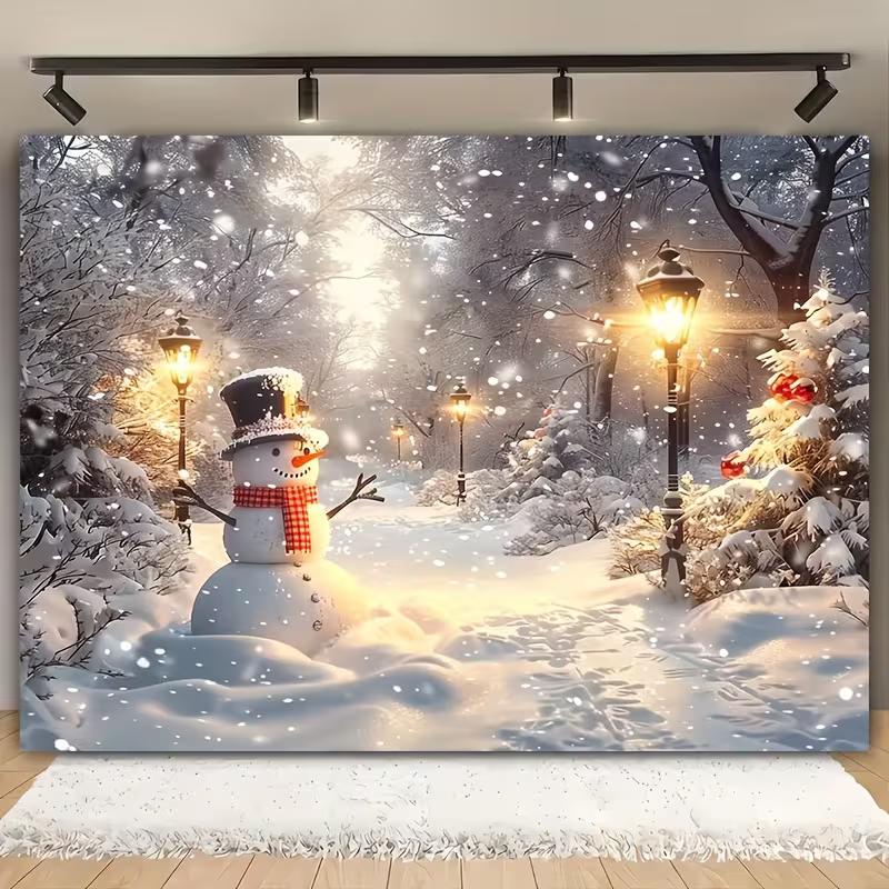 2D Christmas Snowman Photography Backdrop, Snowy Street Lamp & Forest Scene