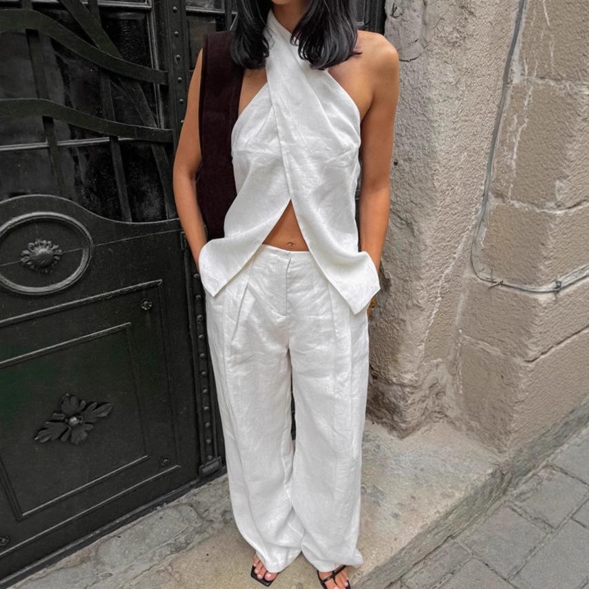 European and American White Neck Top Set Women's 1116 Summer Simple Casual Vest Trousers Two-piece Set Women's Clothing