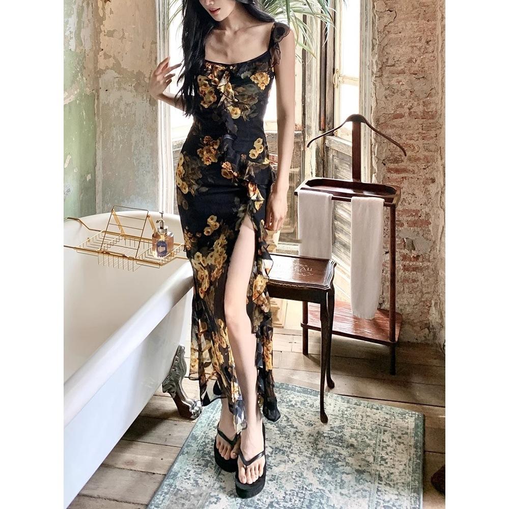 Blumenkleid Damen Sommer Slim-Fit Hüftumspielender Trägerrock