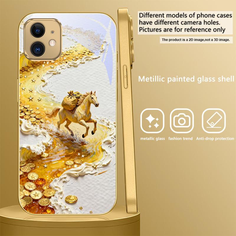 golden galloping horse For IPhone 17Pro Max 16 17 Pro 15 Pro 14 13 Plus 12 Mini 11Pro Max XR 16E 17 Air Golden glass phone case