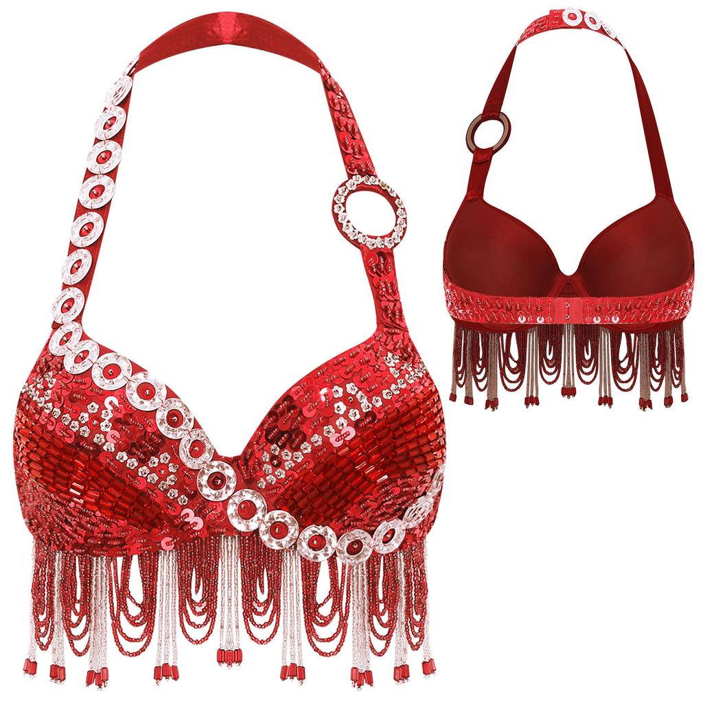 Women Belly Dance Halter Bra Top Sparkle Sequins Plastic Beads Tassel Rhinestone Dance Crop Top Performance Costume