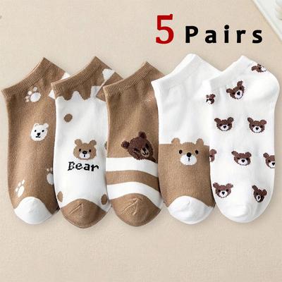 5 Pairs Women Cartoon Patterned Socks Trendy Versatile Breathable Sweat Wicking Deodorizing Antibacterial Comfortable Socks