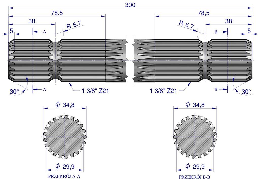Shaft, PTO, double-sided milled, 300mm Z21 - 1 3/8, Waryński